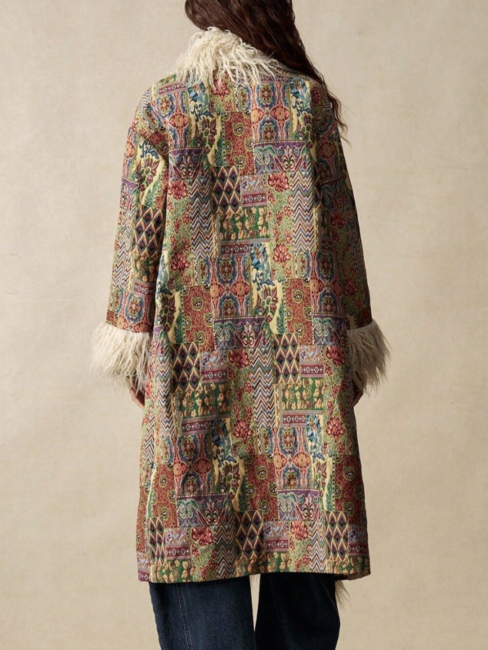 Multicolor Boho Women's Jacquard Faux Fur Trim Coat - Picture 2 of 7